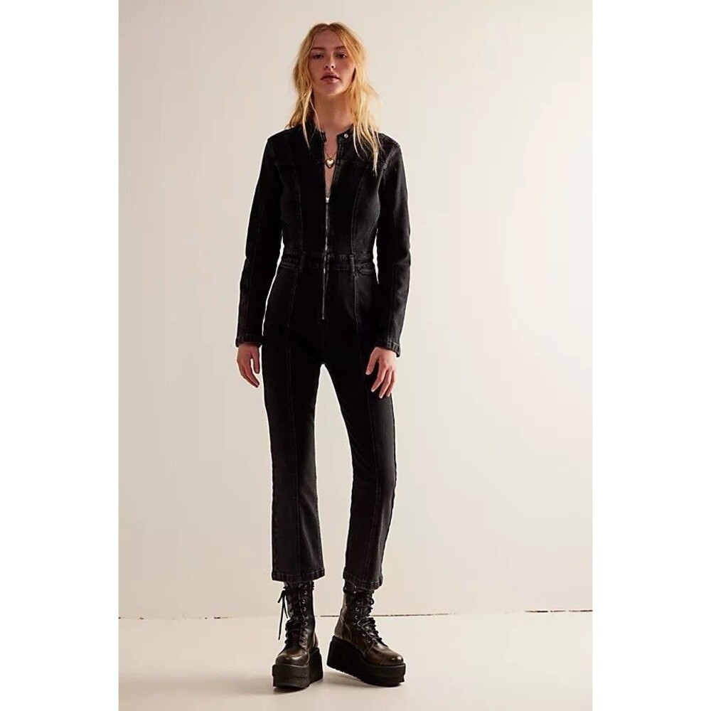 Free People We The Free Jaded Denim Jumpsuit Black Medium NWT NEW Zip Front Moto